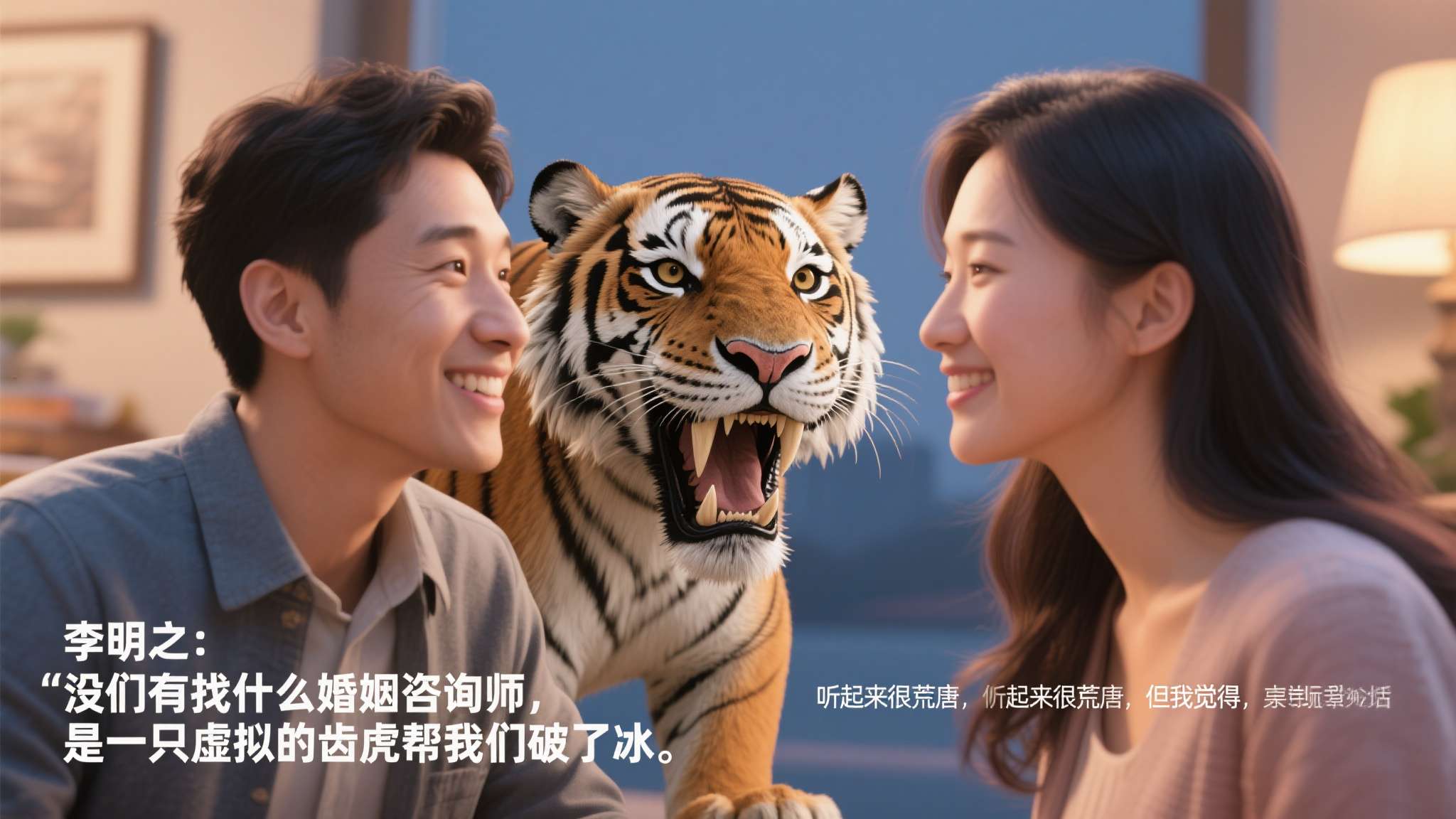李明说："我们没有找什么婚姻咨询师，是一只虚拟的剑齿虎帮我们破了冰。听起来很荒唐